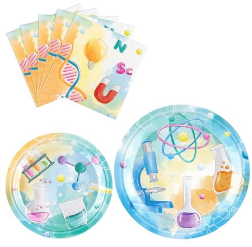 WERNNSAI Set di accessori scientifici per feste, 48 pezzi, per feste scientifiche, cene, piatti da dessert, tovaglioli, decorazioni di compleanno per 16 ospiti, decorazione di laboratorio