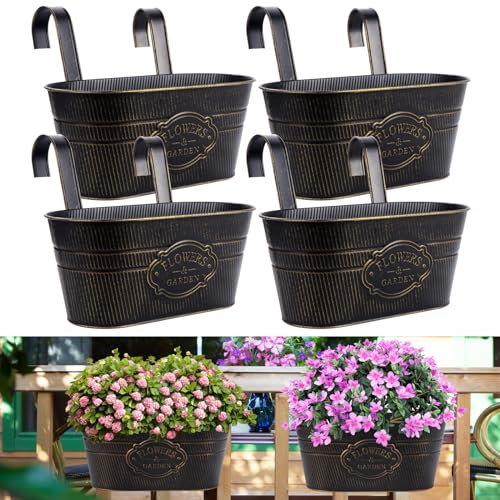 Coolty 4 Stück Vintage Metall Hängetöpfe Blumentopf Hängend Hängender Garten Töpfe für Zaun Balkon Garten Pflanzer Home Decor mit Abnehmbaren Haken (Oval)