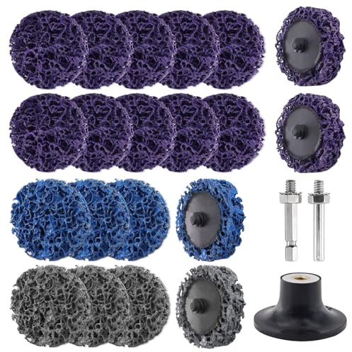 TOKSEO 20 discos de lijado CSD, lila/azul/negro, discos de limpieza gruesos, 50 mm para taladro, para eliminar capas de pintura, óxido y oxidación
