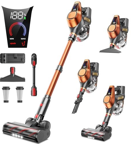Aspirateur Balai sans Fil, 550W/45Kpa/60 Mins, Aspirateur sans Fil avec Affichage LED, Anti-Enchevêtrement, Brosse pour Canapé, 1,5L, Adapté pour Tapis, Sols Durs et Poils d'animaux(Orange)