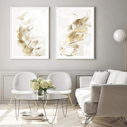 AWKFHF Abstrakte Geometrische Golden Eukalyptus Blätter Beige Malerei Bilder,Leinwandbild Poster Kein Rahmen Kunstdruck Wohnzimmer Deko Schlafzimmer Bilder Wanddekoration (2X20X30CM,ohne Rahmen)