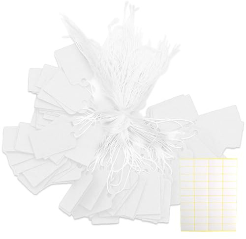 Lot de 500 étiquettes de prix avec cordon élastique, étiquettes d'affichage, étiquettes de prix en papier (blanc) plus 500 autocollants