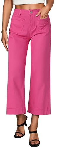 Vetinee Women's Wide Leg Jeans High Waisted Cropped Baggy Flared Stretchy Cotton Denim Trousers Button Closure Flat Front Loose Fit Solid White Regular Size