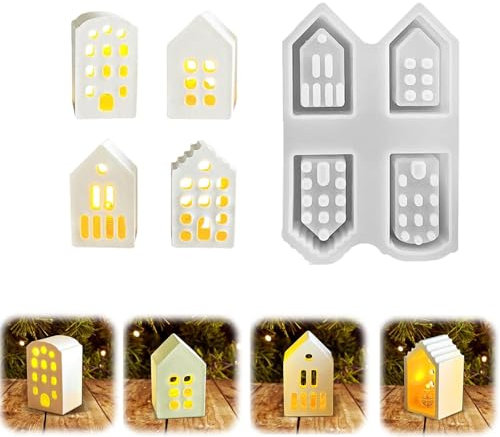 Silikonformen Gießformen Häuser, 4PCS Silikonform Weihnachten Gießformen Silikon Gießform Haus Kerzenhalter Weihnachten Gipsformen zum Gießen Silikonform Haus für DIY Weihnachten Handwerk
