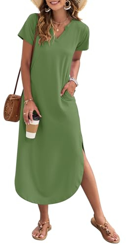 AUSELILY Women's Summer Casual Dress with Pockets V Neck Army Green XXL