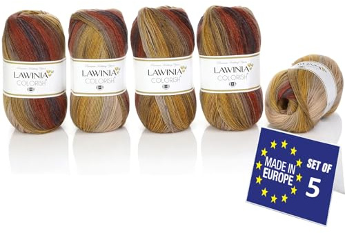 LAWINIA COLORISH Lyxigt regnbågsgarn DK, regnbågsull för stickning, förpackning med 5 vardera 100 g - 350 m 100 % akryl DK stickgarn, flerfärgad ull, ombre garn