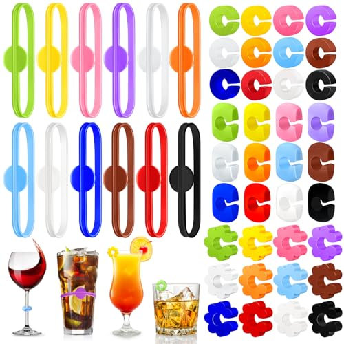Tatxmalv 48 Pièces Marqueur de Verre, Marqueurs de Verre à Vin - Marqueurs de Tasse, Marqueurs de Verre à Vin en Silicone pour Verre à Champagne, Verre à Cocktail, Réutilisable