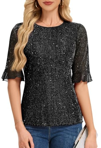 HomRain Womens Glitter Blouse Tops Fully Body Sequined Round Neck Lined Bell Sleeve Sequin Blouses T-Shirt for Party