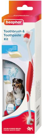 Beaphar - Toothbrush & Toothpaste Dental Care Kit for Cats & Dogs - Double-Ended Brush & Liver-Flavoured Toothpaste with Enzymes - Helps Control Plaque & Tartar - 1 Toothbrush and 100g Tube