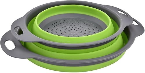 BritAces Colander Set - Kitchen Foldable Silicone Filter - Fruits and Vegetable Cleaner - Non-Toxic Easy to Clean - 2 Sizes in 1-8-inch and 9.5-inch - Kitchen Strainer - Set of 2 - Green