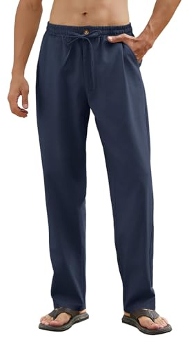 CMTOP Pantalones Lino Hombre Verano Pantalon Lino Hombre Casual Anchos Largos Pantalon Color Sólido Ligeros Pantalón Cintura Elástica Pantalones Piernas Rectas con Bolsillos, Cordón
