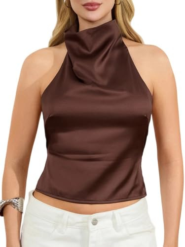 Springcmy Women Mock Neck Satin Halter Tops Sexy Open Back High Neck Sleeveless Tank Cami Tops Y2k Summer Going Out Tops