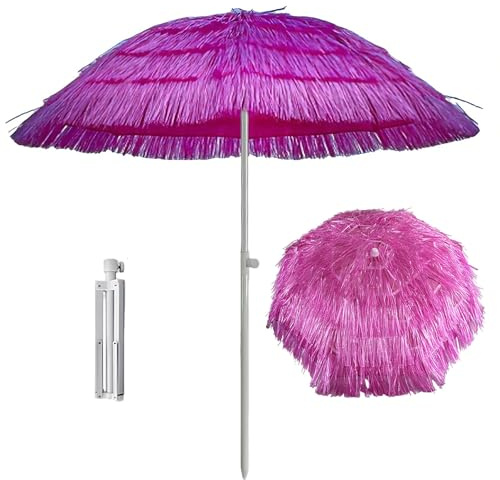 Sombrilla de Playa con Flecos Estilo Bali, 2.0m Parasol de Paja Hawaiano con Base, UPF 50+, Ajustable e Inclinable, para Jardín Piscina Terraza Mercado Camping(200cm/6.5ft)