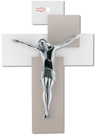 CROCIFISSO PARETE MODERNO 17X12 CROCE TORTORA BIANCO CRISTO CROMO me12101n