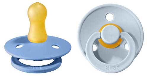BIBS Colour Soother 2-Pack, BPA Free Dummy Pacifier, Round Nipple. Natural Rubber Latex, Size 1 (0-6 Months), Sky Blue/Baby Blue