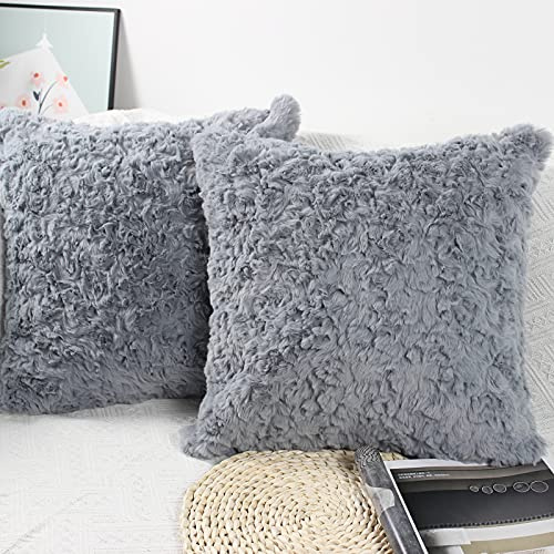 NIULAA Set of 2 Faux Fur Cushion Covers 45x45 cm Grey Decorative Pillow Covers 18x18 Inches Soft Fluffy Plush Decorative Cushion Cover for Sofa Bedroom Pillow Shell