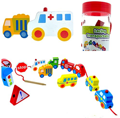 Lotti & Will Fädelspiel aus Holz mit 12 Figuren ab 2 Jahre Puzzlespiel Auto und Schilder