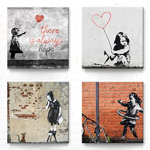 Banksy Leinwand-Bilder im coolen 4er-Set. Jedes Bilderset-E Art Wandbild ist 30x30cm groß. Tolle abstrakte Kunstdrucke zur Wand-Deko für Wohnzimmer, Schlazimmer, Flur, Büro
