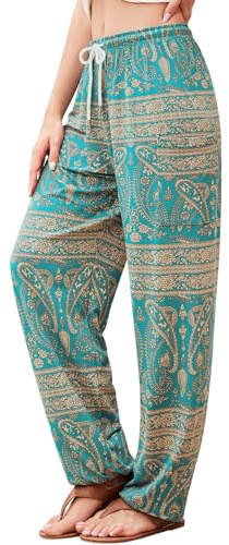 QIANXIZHAN Pantalon Sarouel pour Femme, Style Hippie Palazzo, Pantalon de Jogging bohème, vêtements de Yoga avec Poches, Fleur 4 Cyan, Taille L