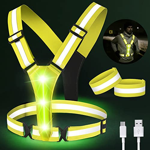 Warnweste LED Aufladbar - Einstellbare Reflektorweste Laufweste für Damen Herren mit 2 Reflektorbänder, LED Warnweste Kinder Sicherheitsweste für Joggen, Wandern oder Radfahren in der Nacht