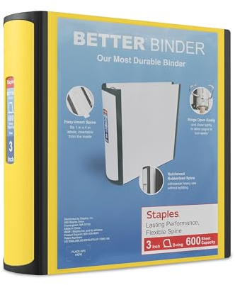 Staples Better 3-Inch D-Ring 3-Ring Binder, Yellow, 600 Sheets