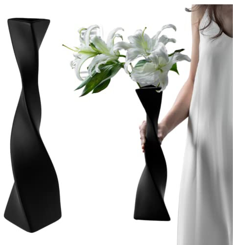 Beautiful Twisted Spiral Black Ceramic Vase 40cm Tall - Slim Slender and Elegant - Vase Pot for Water and Flowers/Plants - Modern Home Decor - Triangular Base - Ornamental - Suitable for any room