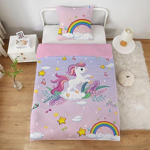 Yasida - Funda nórdica de 140 x 200 cm, unicornio para niño, niña, 1 persona, juego de cama rosa con funda de almohada de 65 x 65 estrellas, arco iris, 3D, diseño impreso, cumpleaños, Navidad