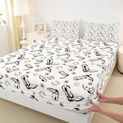 Manfei Western Cowboy Kids Fitted Sheet Queen Size,Horseshoe Cowboy Boots Vintage Bedding Set,Girls Boys Adults Room Decor,Western Texas Star Tribal Bed Cover,Simple Chic Bed Sheet,2 Pillowcases