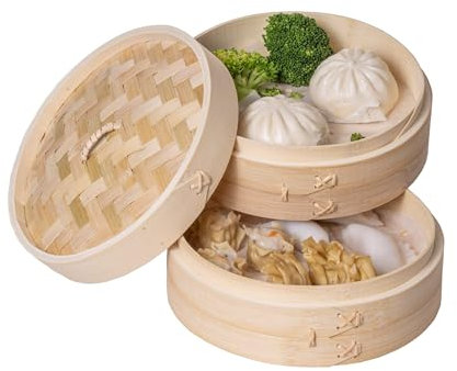 Lusso - Cestino per cottura a vapore in bambù, diametro 22 cm, cestello per cottura a vapore in bambù, con coperchio, cestello per cottura a vapore per riso e vapore, vaporiera