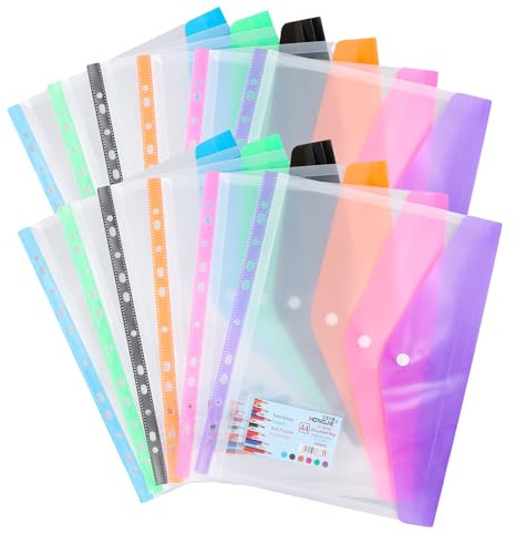 12 Piezas Bolsillos Perforados Expandibles, A4 Carpetas de Plástico, Bolsillos para Documentos A4 con Botón y Etiquetas, Carpetas Transparentes con 11 Agujeros para Escolar Oficina, 6 Colores (A)