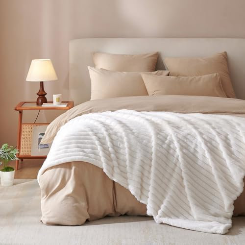 Covebett Manta de felpa mullida, 150 x 200 cm, manta de forro polar, color crema, blanco, liso, a rayas, suave y cálida, tacto de cachemira, conejo, manta para sofá, cama, sofá