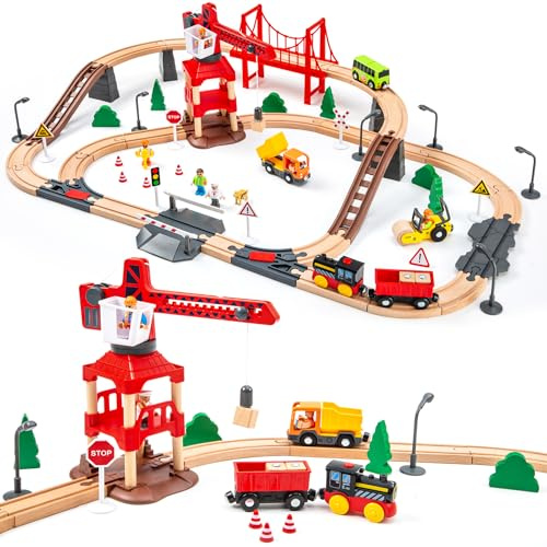 86PCS Wooden Train Set with Magnetic Crane, Wooden Train Track Set for Toddlers 3-5, Construction Train Toys Compatible with Thomas, Brio, IKEA Melissa & Doug, STEM Educational Gift for Kids