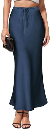 Jupe longue en satin pour femme avec cordon de serrage - Taille haute - Élégante et fluide - Style décontracté - Coupe trapèze, bleu marine, Taille M