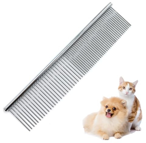 Stainless Steel Dog Comb Pet Grooming Comb with Rounded Teeth | Dog Detangling Comb for Removing Knots, Tangles and Loose Hair, Portable Pet Care Comb for Long, Medium, Short Hair
