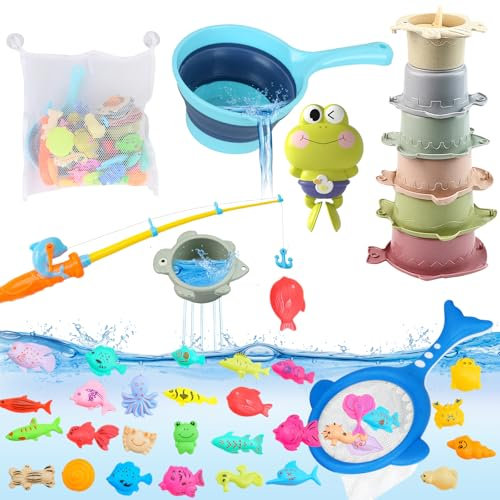 Jouets de Bain Bébé Set, 40 Pièces Jouet Bain Bébé Jouet de Peche Magnétique avec Canne à Pêche, Filet, Poisson, Grenouille à Remonter, Gobelets Empilables et Cuillère, Jeu d'eau Éducatif pour Bebe
