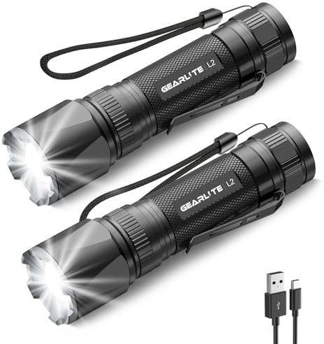 GEARLITE Taschenlampe Led Aufladbar 2Pack, Superhelle Zoombare 3000 Lumen Mini Torch mit 3 Lichtmodi & Langer Betriebsdauer, IP65 Wasserdicht Taktische Handlampe für Camping, Angeln, Outdoor, Notfäll