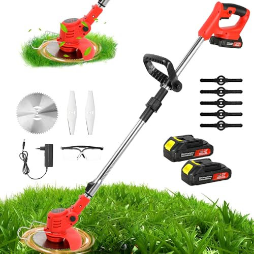 Debroussailleuse Electrique sans Fil, Coupe Bordure sans Fil avec Batterie et Chargeur, Debroussailleuse Portative avec 3 Type Lames, pour La Coupe De Jardin, Pelouses (Rouge 2 Batteries)