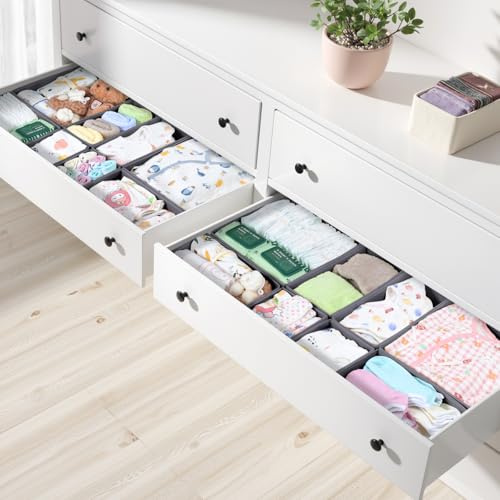ORLISA 16 Pack Drawer Organiser Set for Hemnes Dressers, Fabric Drawer Dividers & Wardrobe Organisers for Clothes Storage, Underwear, Socks & Baby Clothes, Grey