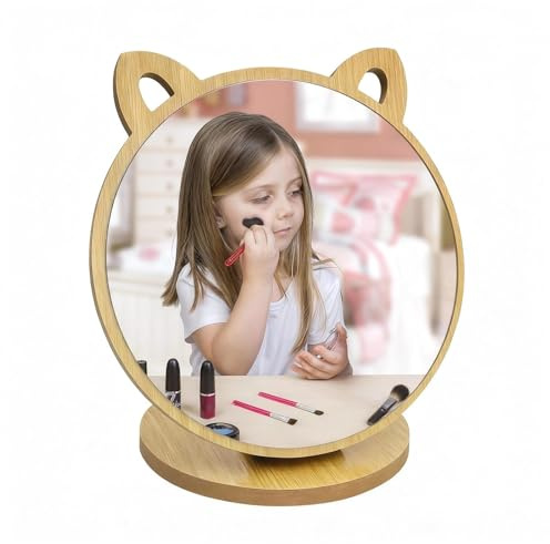 PHMING Orejas de Gato Redondas, Espejo de Mesa Madera, Makeup Mirror Ajuste Flexible, para Tocador, Dormitorio