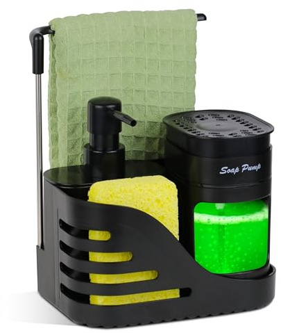 Organizador de Fregadero VITACHY Negro – Dispensador de Jabón de Cocina 4 en 1, Dosificador de Lavavajillas y Manos, Estropajero y Soporte de Bayeta – Set de Accesorios para Encimera Ahorro Espacio