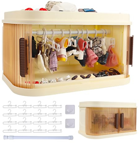 Doll Wardrobe with Sliding Doors, Suitable for Labubu(5.9/6.7 in), Used to Store Doll Clothes and Shoes. Storage Organizer for Fashion Dolls with a Display Shelf，with 15 Clothes Hangers.