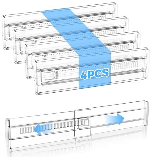 4 Piezas Separador Cajones Ajustable,Alto 8cm,Largo 28,5-50,5 cm,Separadores de Cajones Ajustables,Separadores Transparentes,Divisorias Gavetas,para Tocador,Armario,Cocina,Dormitorio,Transparente