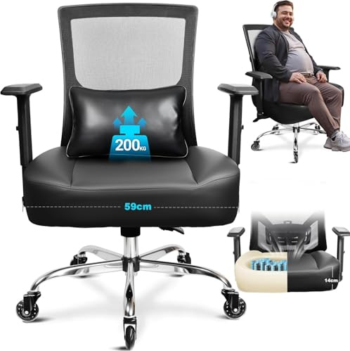 MELOKEA Silla de Oficina XXL 200 kg, Silla Escritorio Ergonómica Extra Ancha con Cojín de Muelles, Ruedas Silenciosas de Goma, Respaldo Reclinable, Soporte Lumbar Ajustable [Cojín Lumbar Incluido]