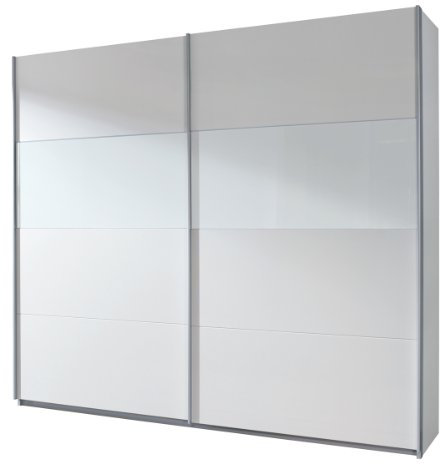 Rauch Möbel Quadra Kleiderschrank, Schwebetürenschrank, 2-türig, inkl. Zubehörpaket Basic 3 Einlegeböden 3 Kleiderstangen, Farbe Alpinweiß/Glas weiß, BxHxT 271x210x62cm