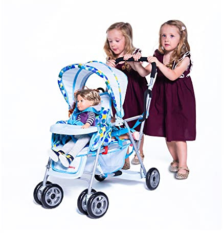 Joovy Toy Caboose Baby Doll Stroller Featuring Reclining Front Seat, Adjustable Footrest, Storage Basket, Extendable Canopy, and Snack Tray - Holds 3 Dolls (Blue Dot)