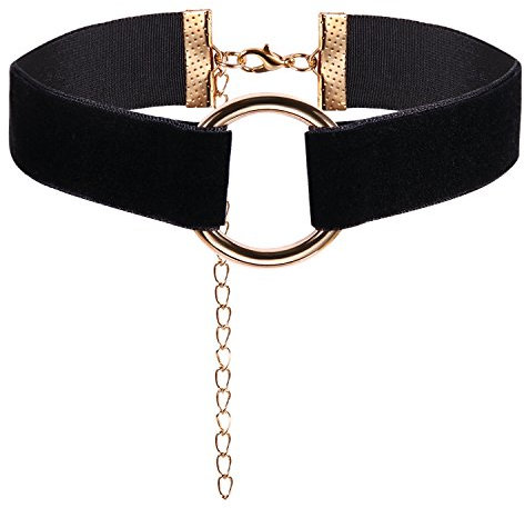 JewelryWe Schmuck Damen Choker Halskette mit O-Ring Anhänger Schwarz Stretch Samtleder Velvet Gothic Halsband Sexy Kette Handarbeit