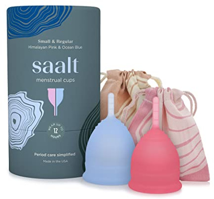 Saalt Menstrual Cup 2-Pack - Premium Design - Most Comfortable Period Cup - #1 Active Cup - Wear for 12 Hours - Soft, Flexible, Reusable Medical-Grade Silicone (Regular Blue/Small Pink)