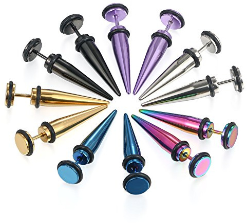 JewelryWe 6 Pairs of Hip Hop Mixed Color 16G Stainless Steel Taper with O Ring Fake Cheater Illusion Ear Plug Earrings-8MM
