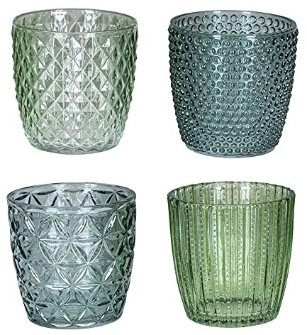 4er Set Windlicht H7,5cm Glas Grün Teelichthalter Kerzen Retro Kerze Kerzenhalter Tischdeko Deko