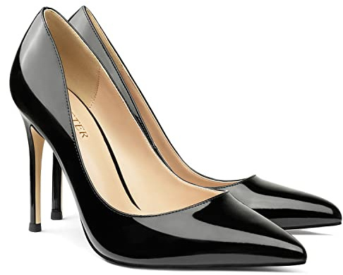 COLETER Women's 4 Inch Pumps Pointy Toe Wedding Dress Shoes Slip on Stiletto Pumps Patent Black 8US